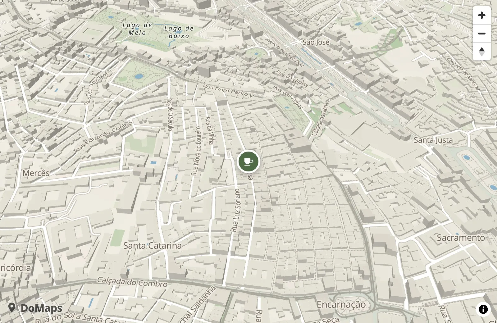 A DoMaps map of Lisbon in a café’s green and cream colors, with a cup icon on the pin