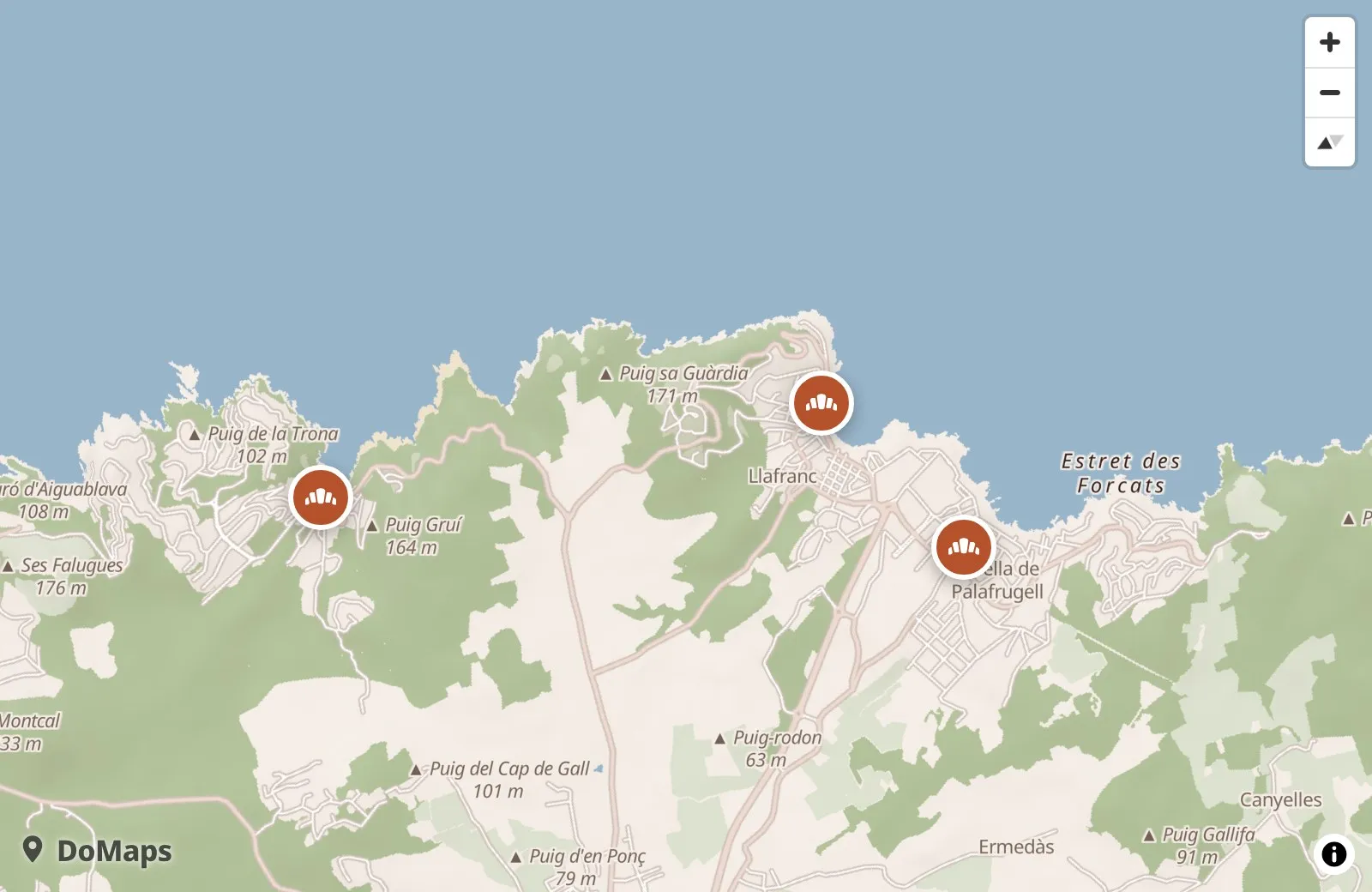 A DoMaps map of the Costa Brava with three terracotta bakery pins