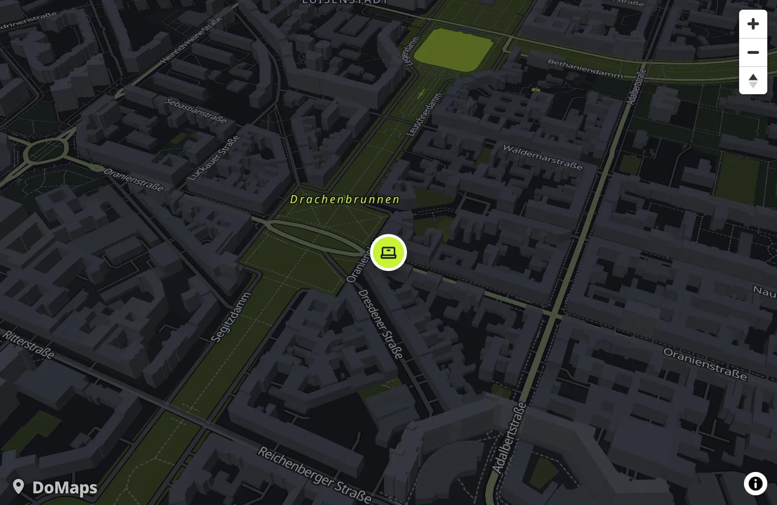 A dark DoMaps map of Kreuzberg, Berlin, with a lime laptop pin